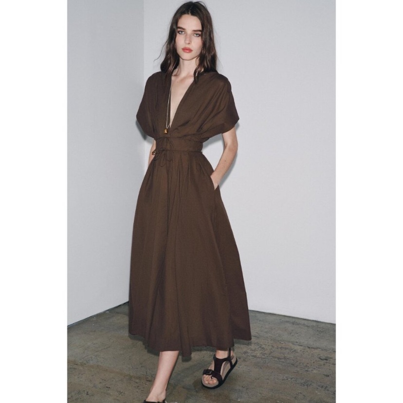Zara Pleated Midi Dress Zw Collection Brown Medium